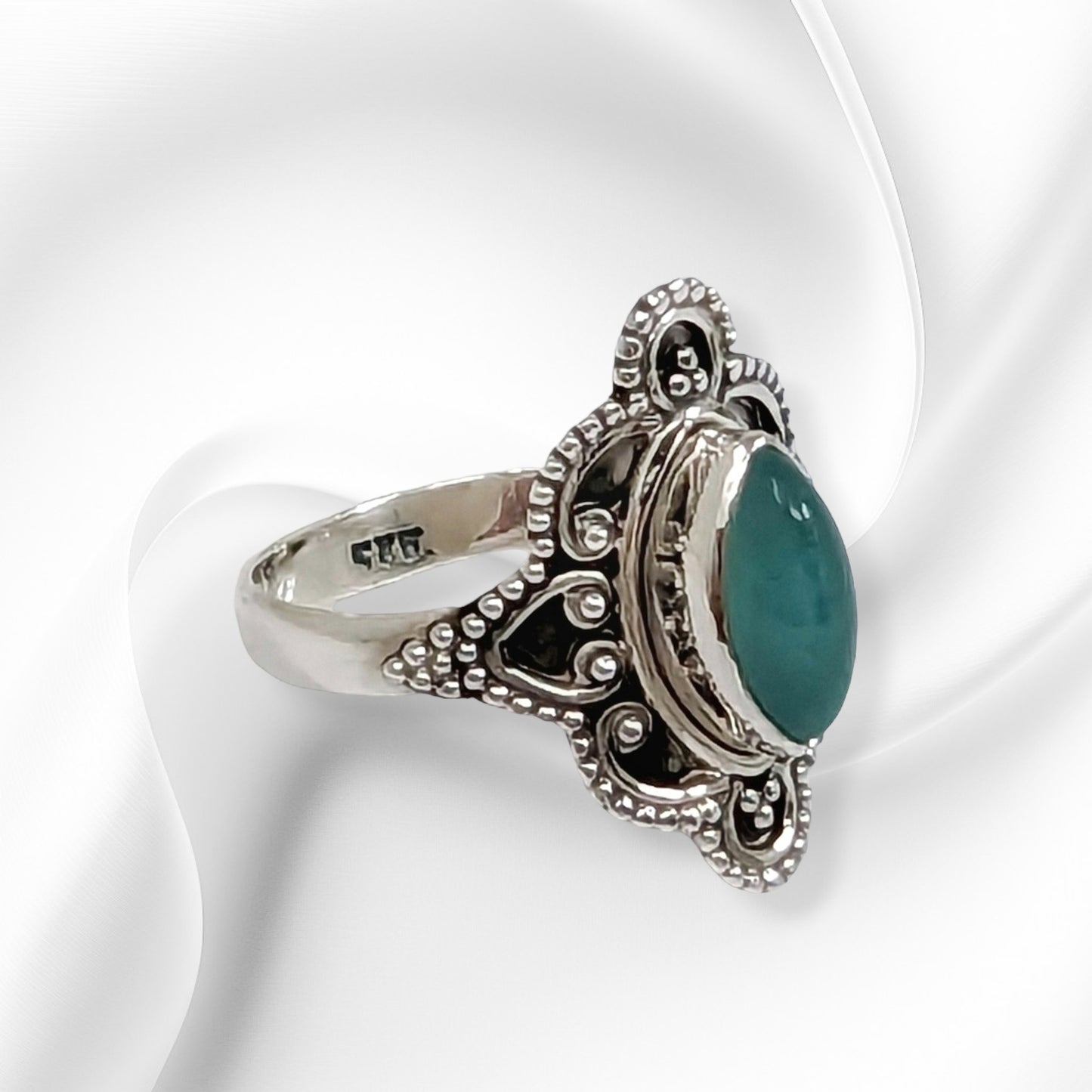 925 Sterling Silver Women's Ring With Authentic Chalcedony Aqua Gemstone