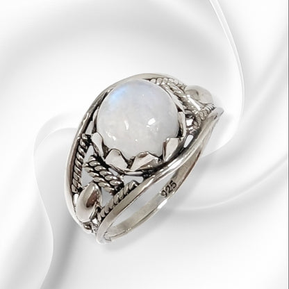 925 Sterling Silver Women's Ring with Authentic Rainbow Moonstone