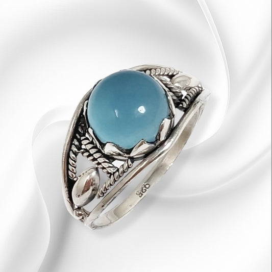 925 Sterling Silver Women's Ring with Authentic Blue Chalcedony Gemstone