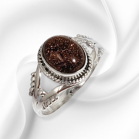 925 Sterling Silver Women's Ring with Authentic Goldstone Gemstone