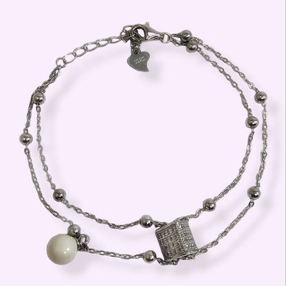 925 Sterling Silver Women's Bracelet with Cubic Zirconia Crystals and Pearl