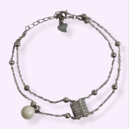 925 Sterling Silver Women's Bracelet with Cubic Zirconia Crystals and Pearl