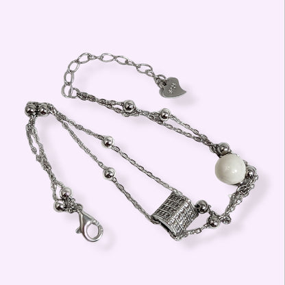 925 Sterling Silver Women's Bracelet with Cubic Zirconia Crystals and Pearl