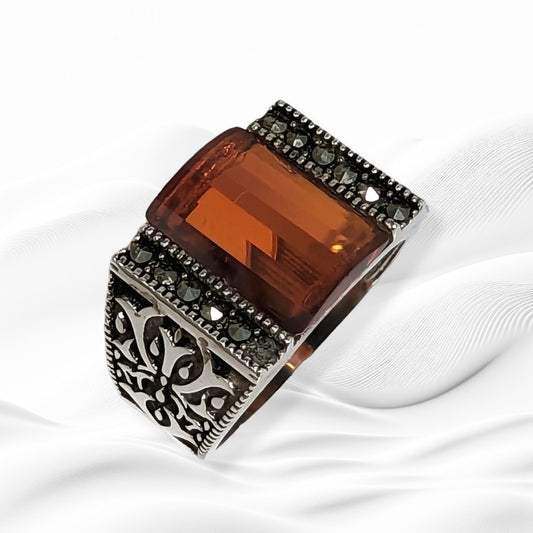 925 Sterling Silver Men's Ring With Authentic Red Garnet Gemstone and Marcasite