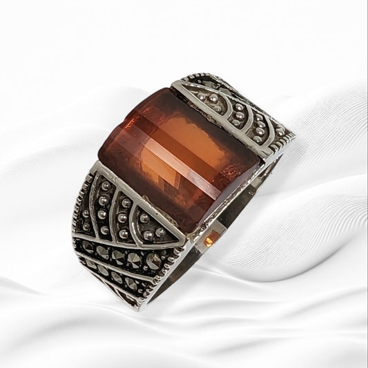 925 Sterling Silver Men's Ring With Authentic Red Garnet Gemstone and Marcasite