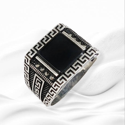 925 Sterling Silver Men's Ring With Authentic Black Onyx Gemstone and Marcasite