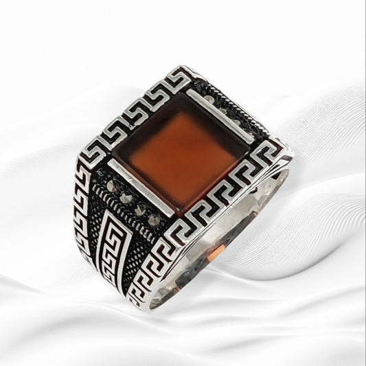 925 Sterling Silver Men's Ring With Authentic Red Agate Gemstone and Marcasite