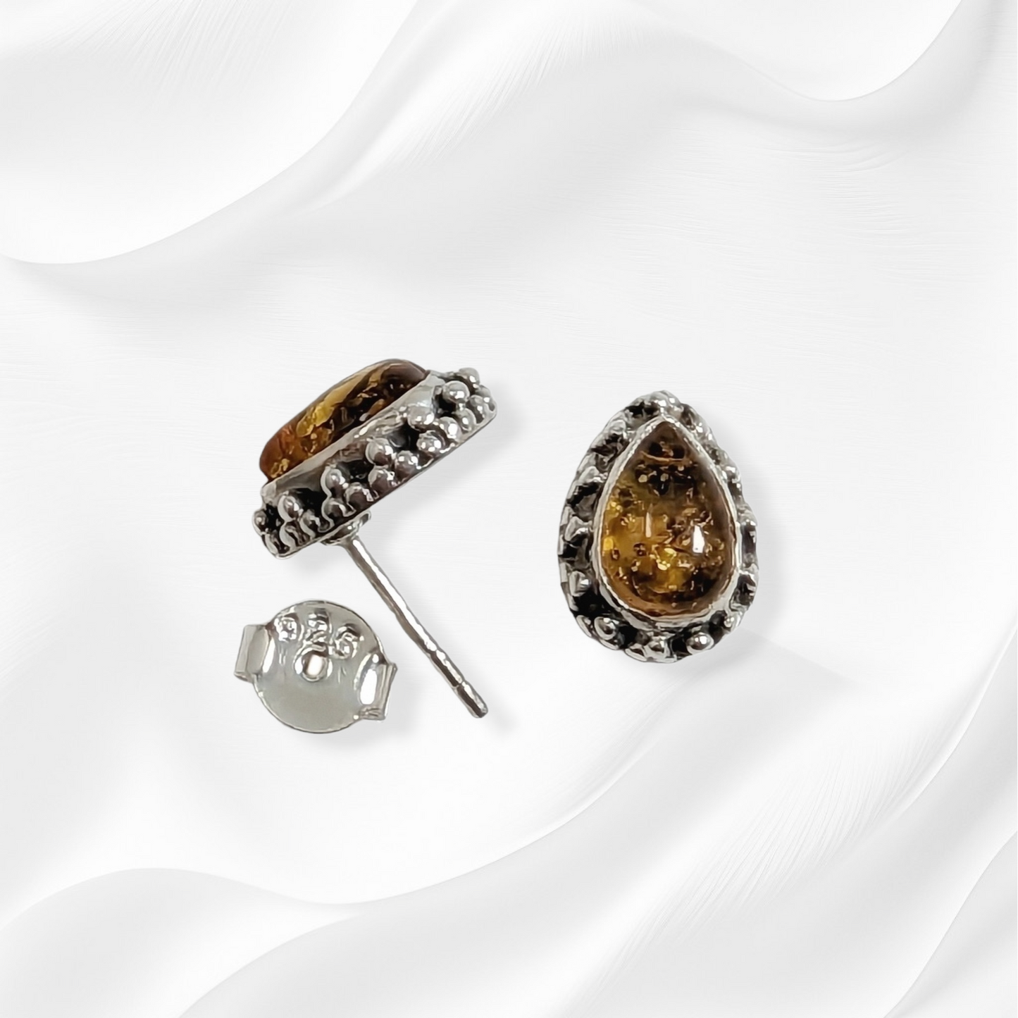 Sterling Silver Earrings With Authentic Natural Amber