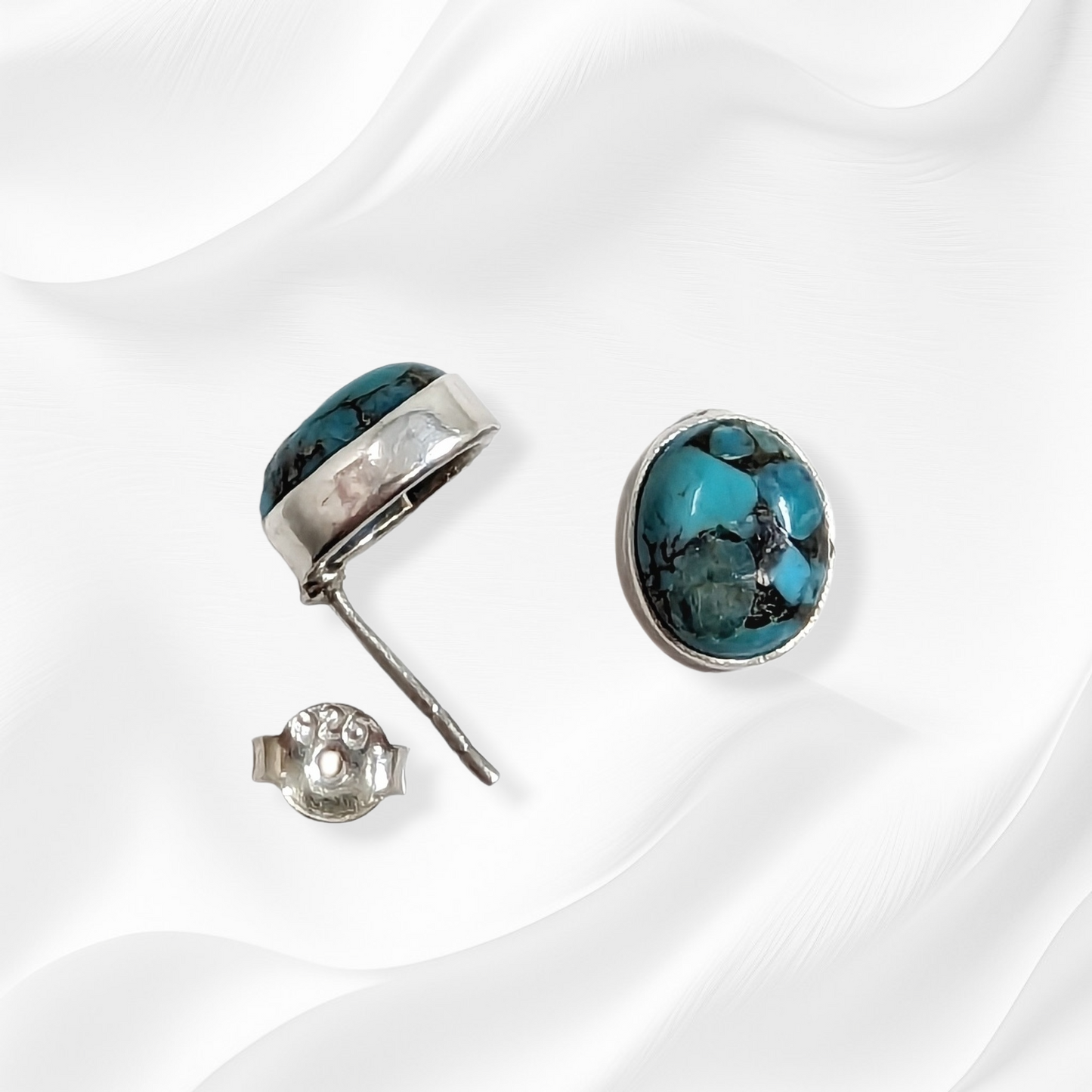 925 Sterling Silver Stud Earrings with Authentic Blue Copper Turquoise Gemstones