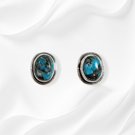925 Sterling Silver Stud Earrings with Authentic Blue Copper Turquoise Gemstones