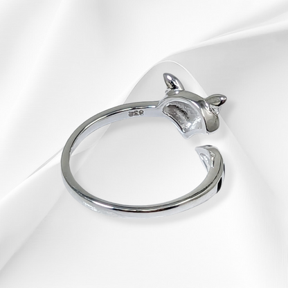 925 Sterling Silver Women Ring with Black Enamel *Silver Fox Ring