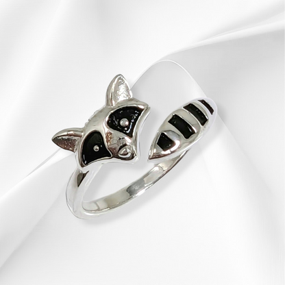 925 Sterling Silver Women Ring with Black Enamel *Silver Fox Ring