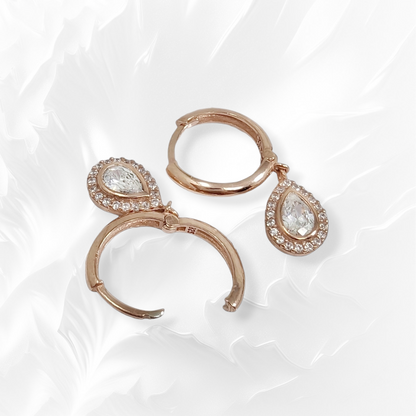 925 Sterling Silver Huggies Hoop Earrings with Cubic Zirconia Crystals, 14K Rose Gold plated