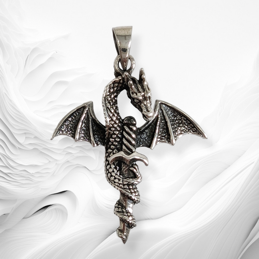 925 Sterling Silver Men's Pendant Silver Dragon & Sword Pendant