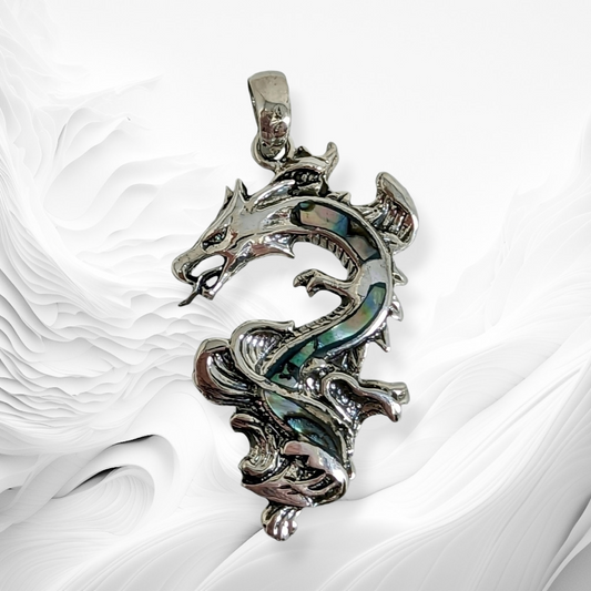 925 Sterling Silver Men's Pendant With Authentic Abalone Shell *Silver Dragon Pendant