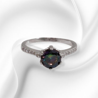 Genuine 925 Sterling Silver Solitaire Women's Ring with Mystic Topaz and Cubic Zirconia Crystals