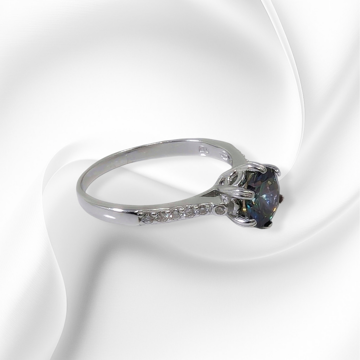 Genuine 925 Sterling Silver Solitaire Women's Ring with Mystic Topaz and Cubic Zirconia Crystals