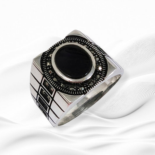 925 Sterling Silver Men's Ring With Authentic Black Onyx Gemstone and Marcasite