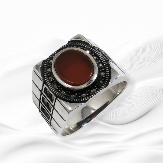 925 Sterling Silver Men's Ring With Authentic Red Agate Gemstone and Marcasite