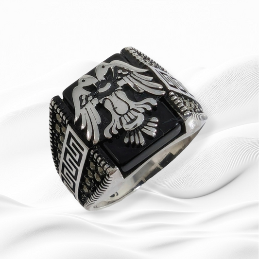 925 Sterling Silver Men's Ring With Authentic Black Onyx and Marcasite