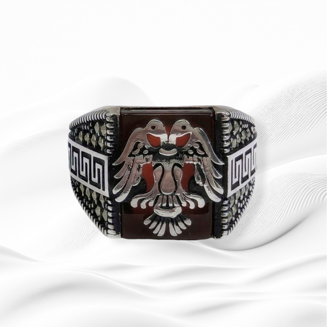 925 Sterling Silver Men's Ring With Authentic Red Agate and Marcasite