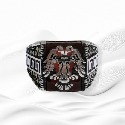 925 Sterling Silver Men's Ring With Authentic Red Agate and Marcasite