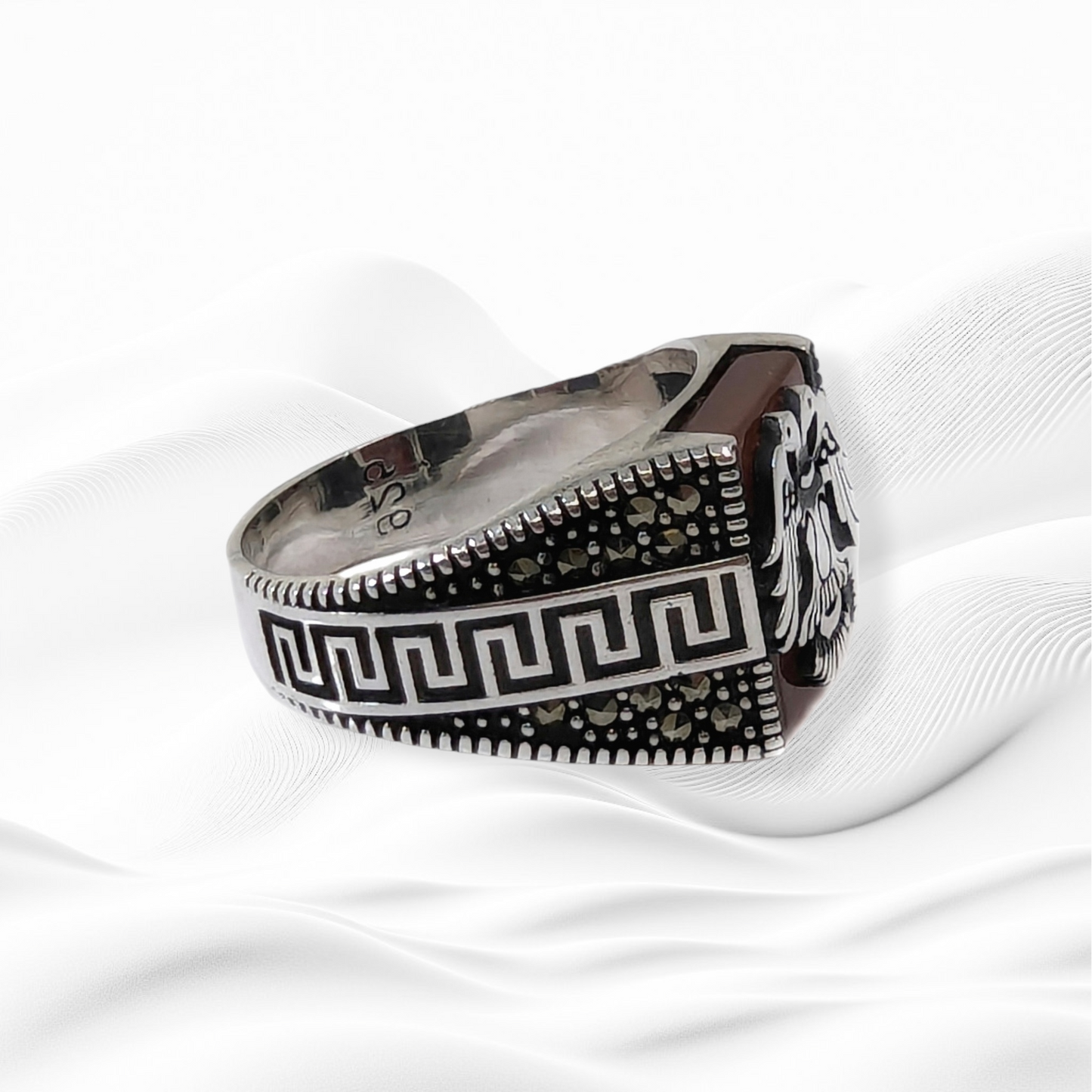 925 Sterling Silver Men's Ring With Authentic Red Agate and Marcasite