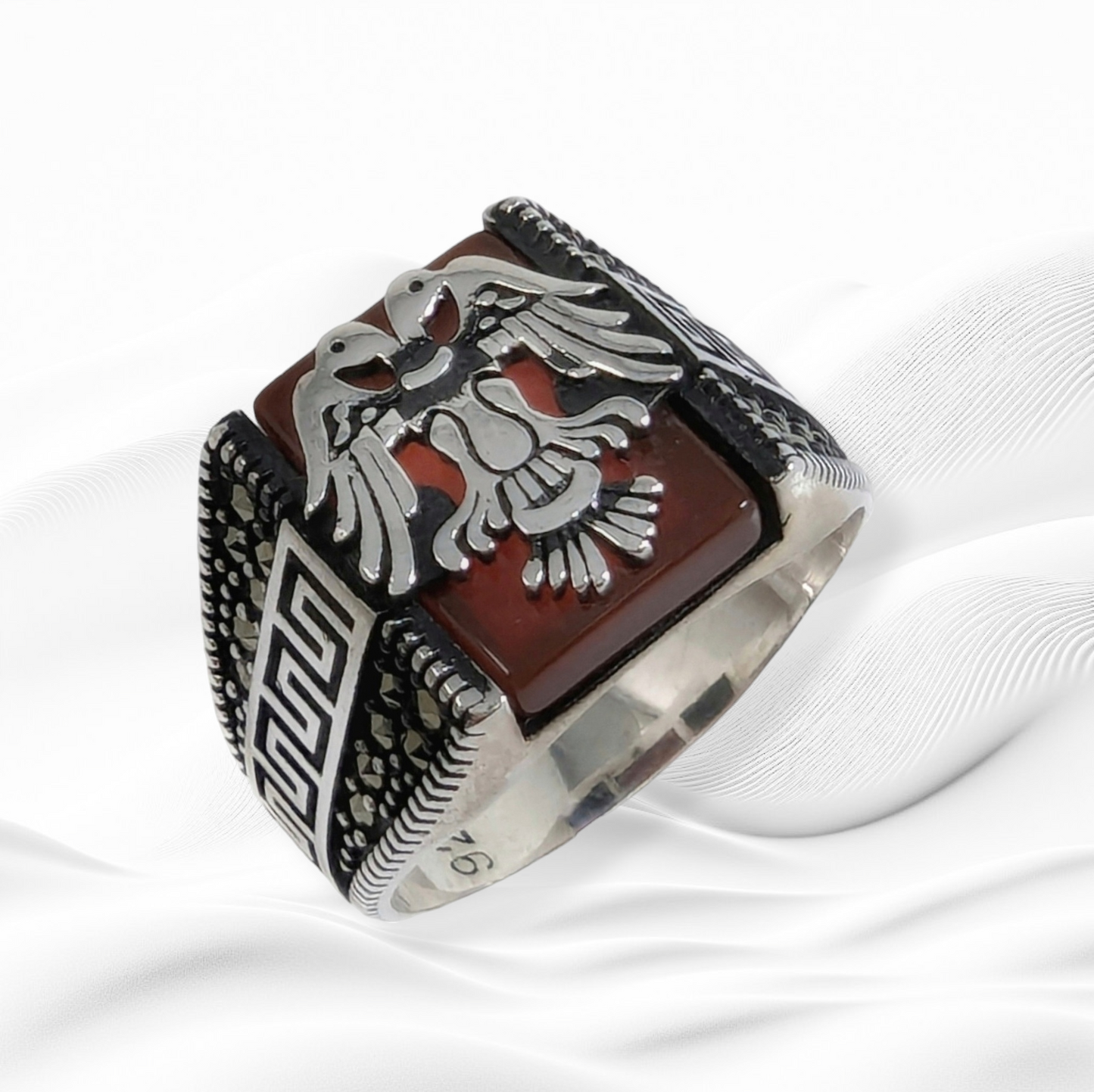 925 Sterling Silver Men's Ring With Authentic Red Agate and Marcasite