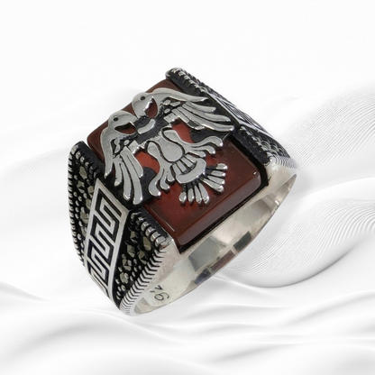 925 Sterling Silver Men's Ring With Authentic Red Agate and Marcasite