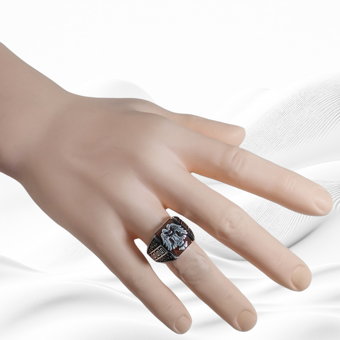 925 Sterling Silver Men's Ring With Authentic Red Agate and Marcasite