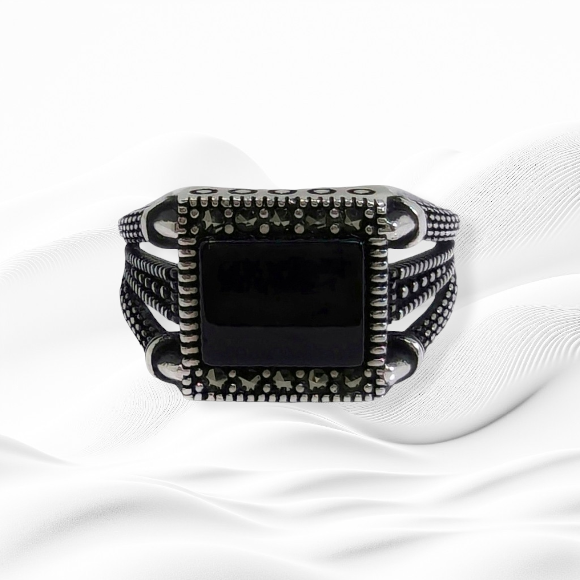 925 Sterling Silver Men's Ring With Authentic Black Onyx Gemstone and Marcasite