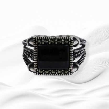 925 Sterling Silver Men's Ring With Authentic Black Onyx Gemstone and Marcasite