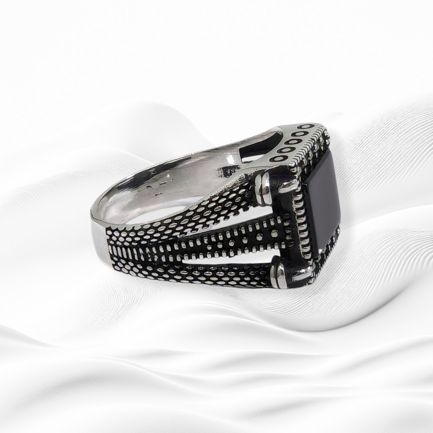 925 Sterling Silver Men's Ring With Authentic Black Onyx Gemstone and Marcasite