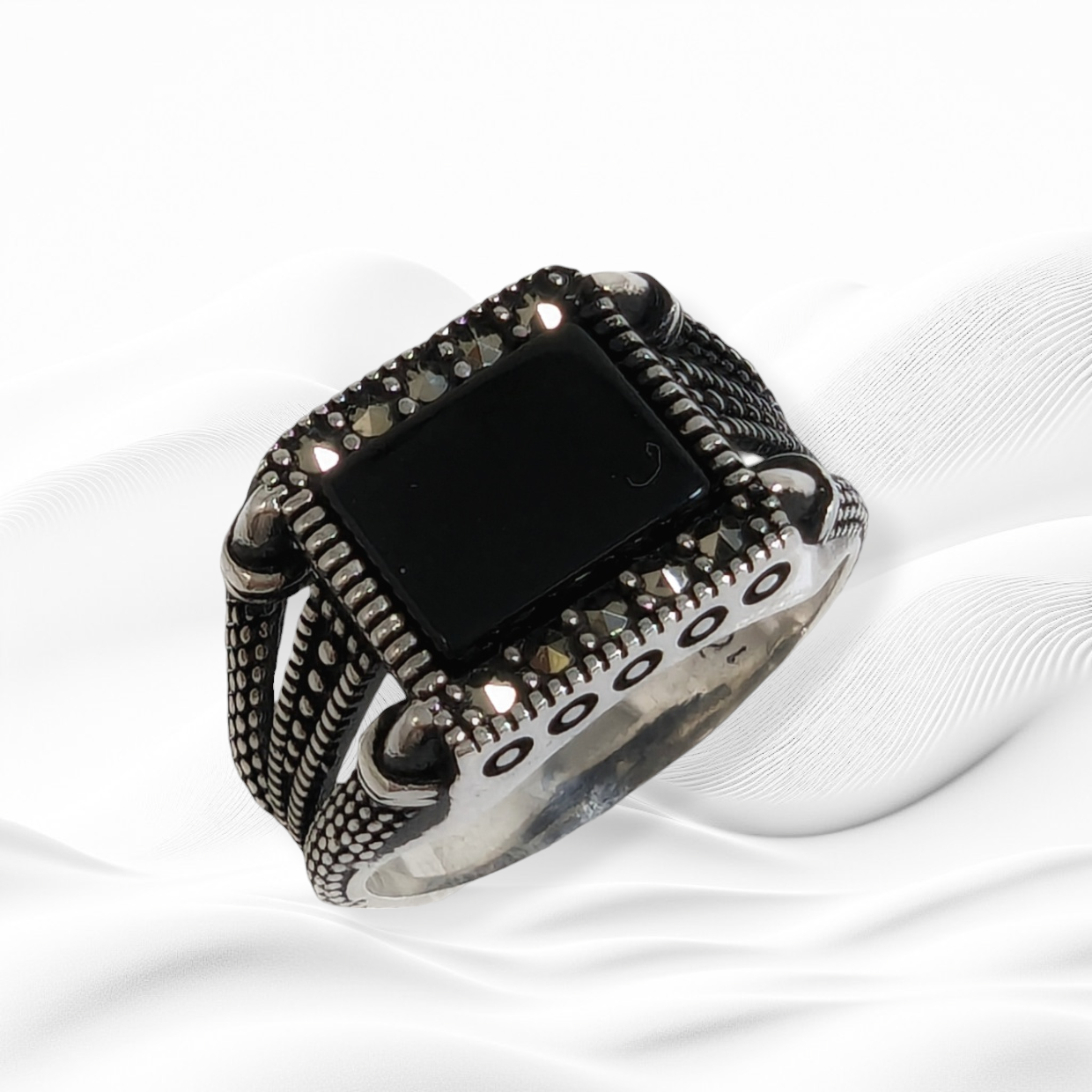 925 Sterling Silver Men's Ring With Authentic Black Onyx Gemstone and Marcasite