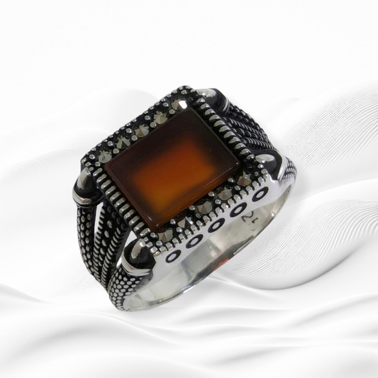 925 Sterling Silver Men's Ring With Authentic Red Agate Gemstone and Marcasite