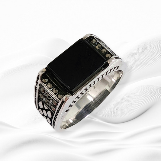 925 Sterling Silver Men's Ring With Authentic Black Onyx Gemstone and Marcasite