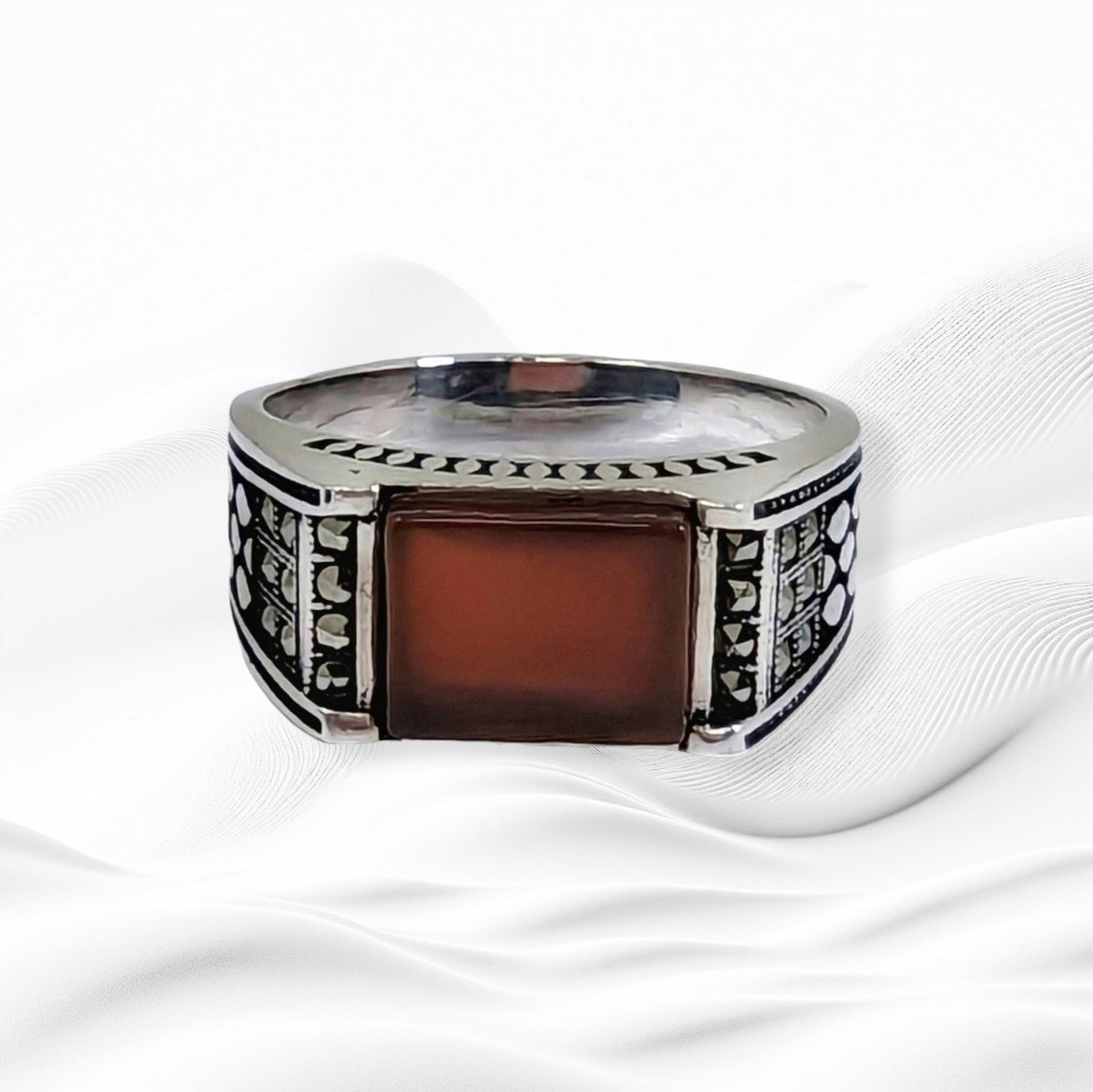 925 Sterling Silver Men's Ring With Authentic Red Agate Gemstone and Marcasite