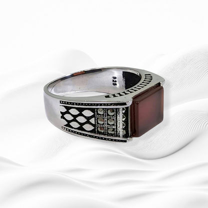 925 Sterling Silver Men's Ring With Authentic Red Agate Gemstone and Marcasite