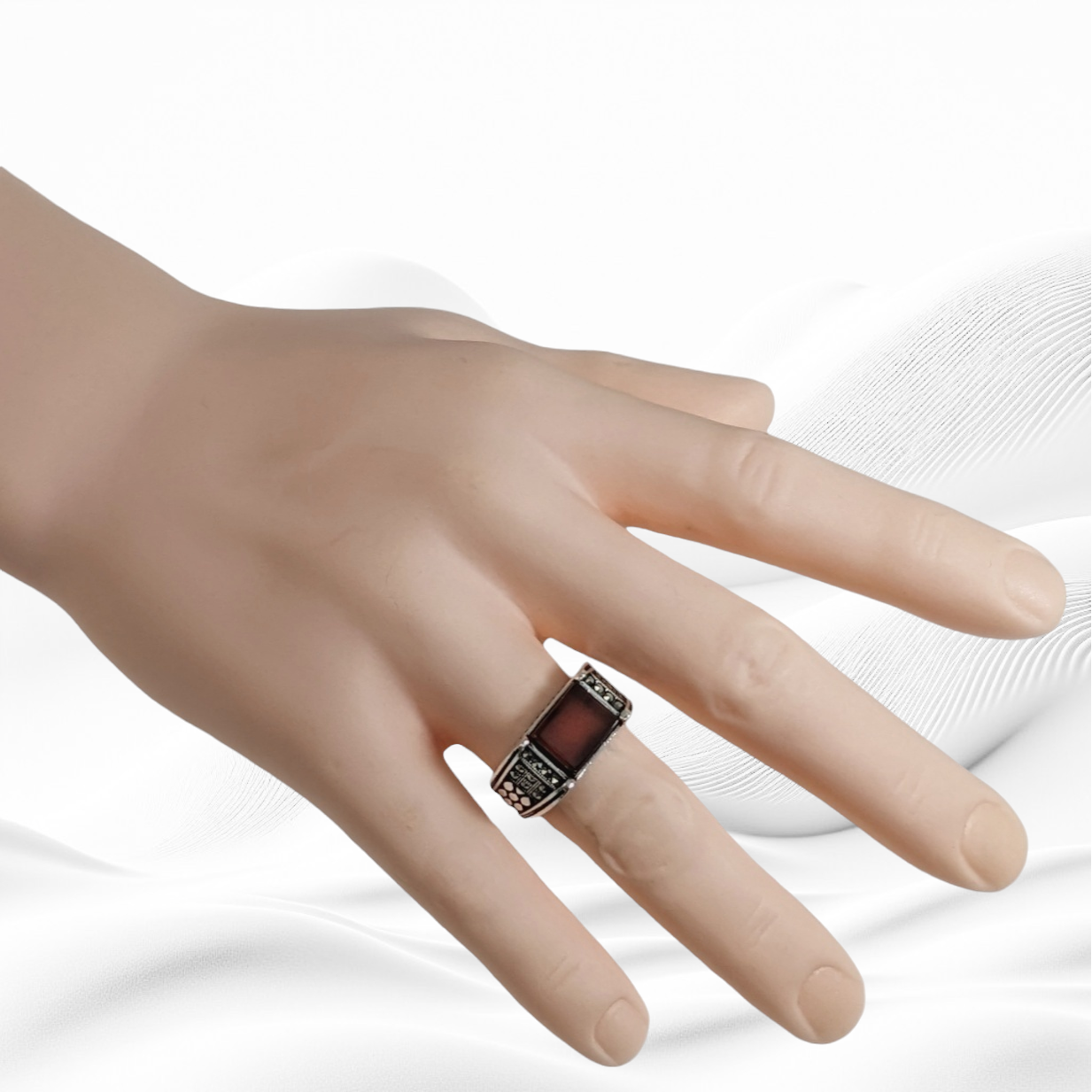 925 Sterling Silver Men's Ring With Authentic Red Agate Gemstone and Marcasite