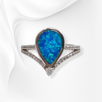925 Sterling Silver Women's Ring with Authentic Blue Opal and Cubic Zirconia Crystals