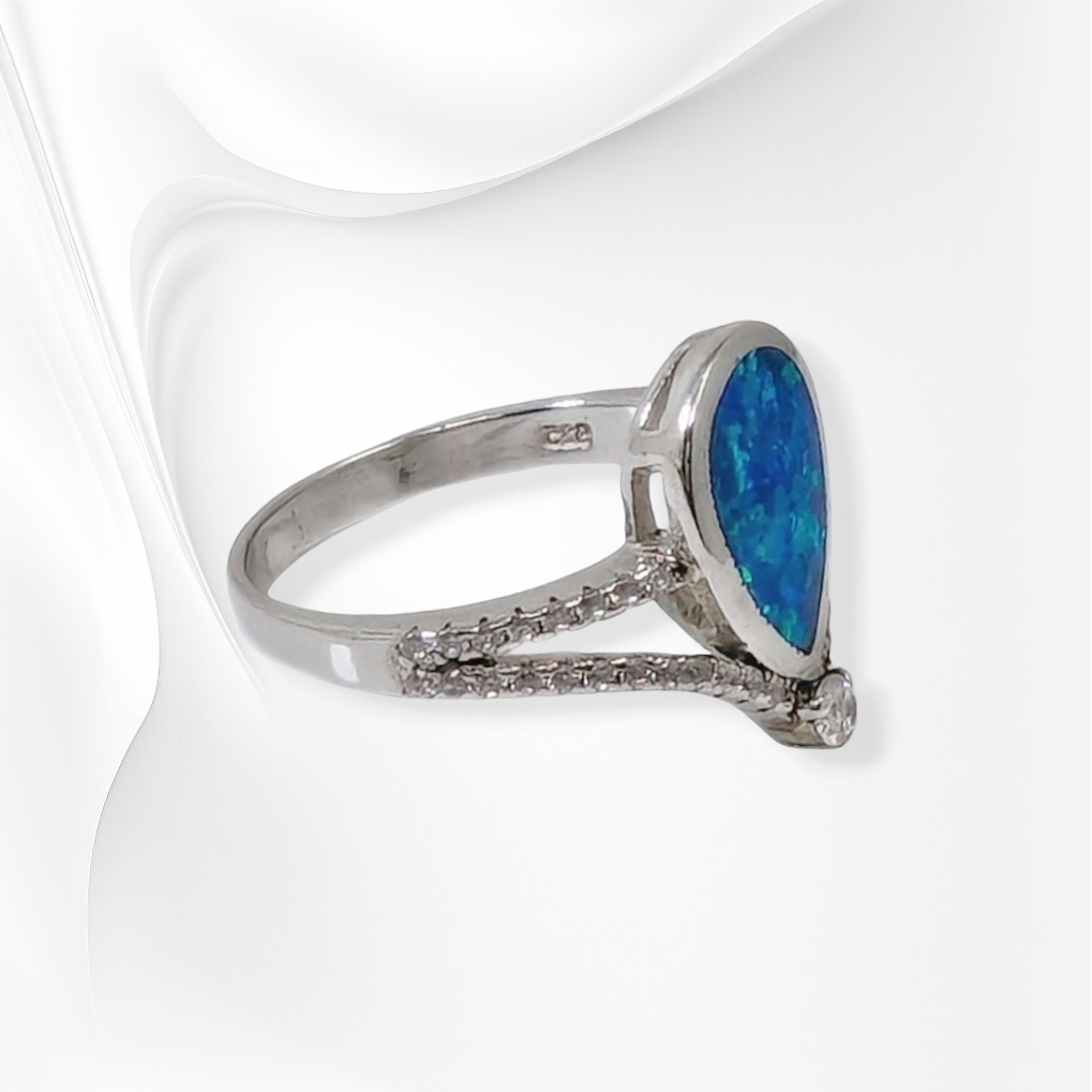 925 Sterling Silver Women's Ring with Authentic Blue Opal and Cubic Zirconia Crystals