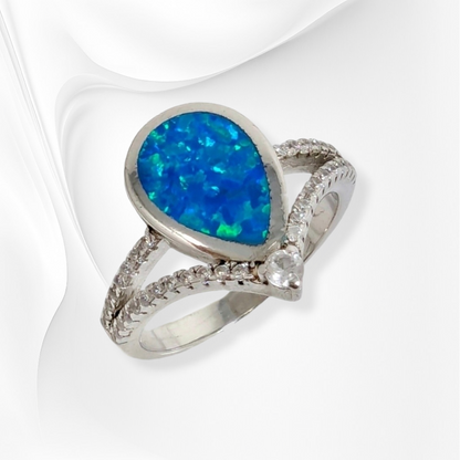 925 Sterling Silver Women's Ring with Authentic Blue Opal and Cubic Zirconia Crystals