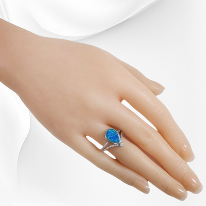925 Sterling Silver Women's Ring with Authentic Blue Opal and Cubic Zirconia Crystals