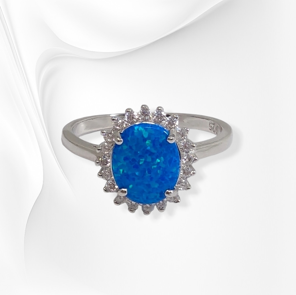 925 Sterling Silver Women's Ring with Authentic Blue Opal and Cubic Zirconia Crystals