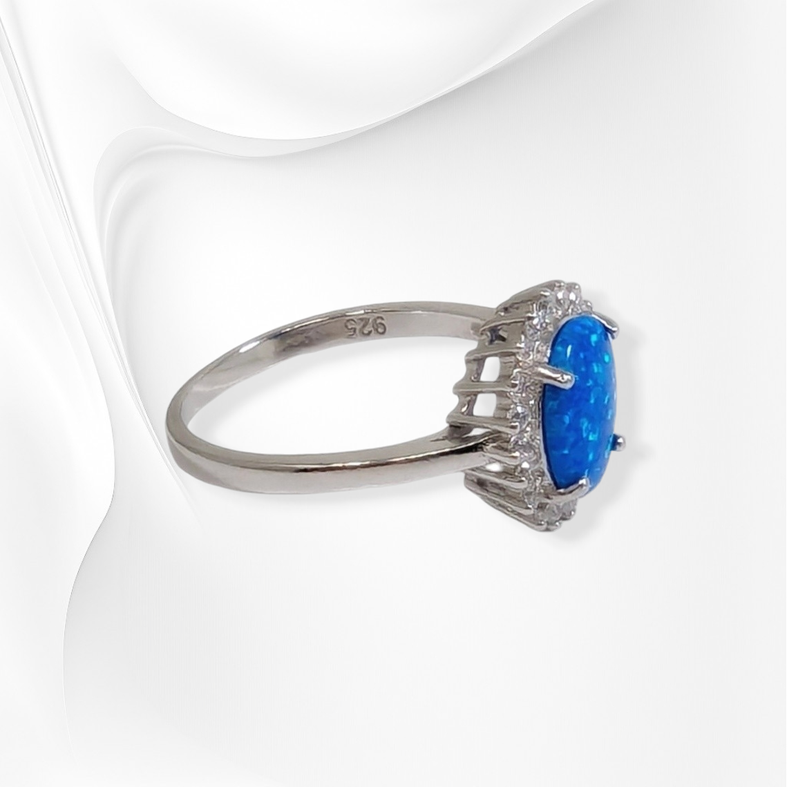 925 Sterling Silver Women's Ring with Authentic Blue Opal and Cubic Zirconia Crystals