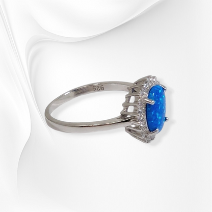 925 Sterling Silver Women's Ring with Authentic Blue Opal and Cubic Zirconia Crystals