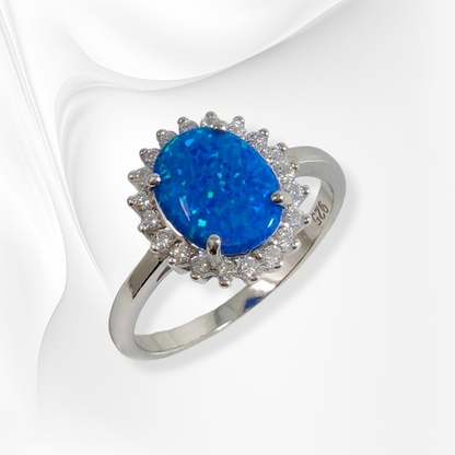 925 Sterling Silver Women's Ring with Authentic Blue Opal and Cubic Zirconia Crystals