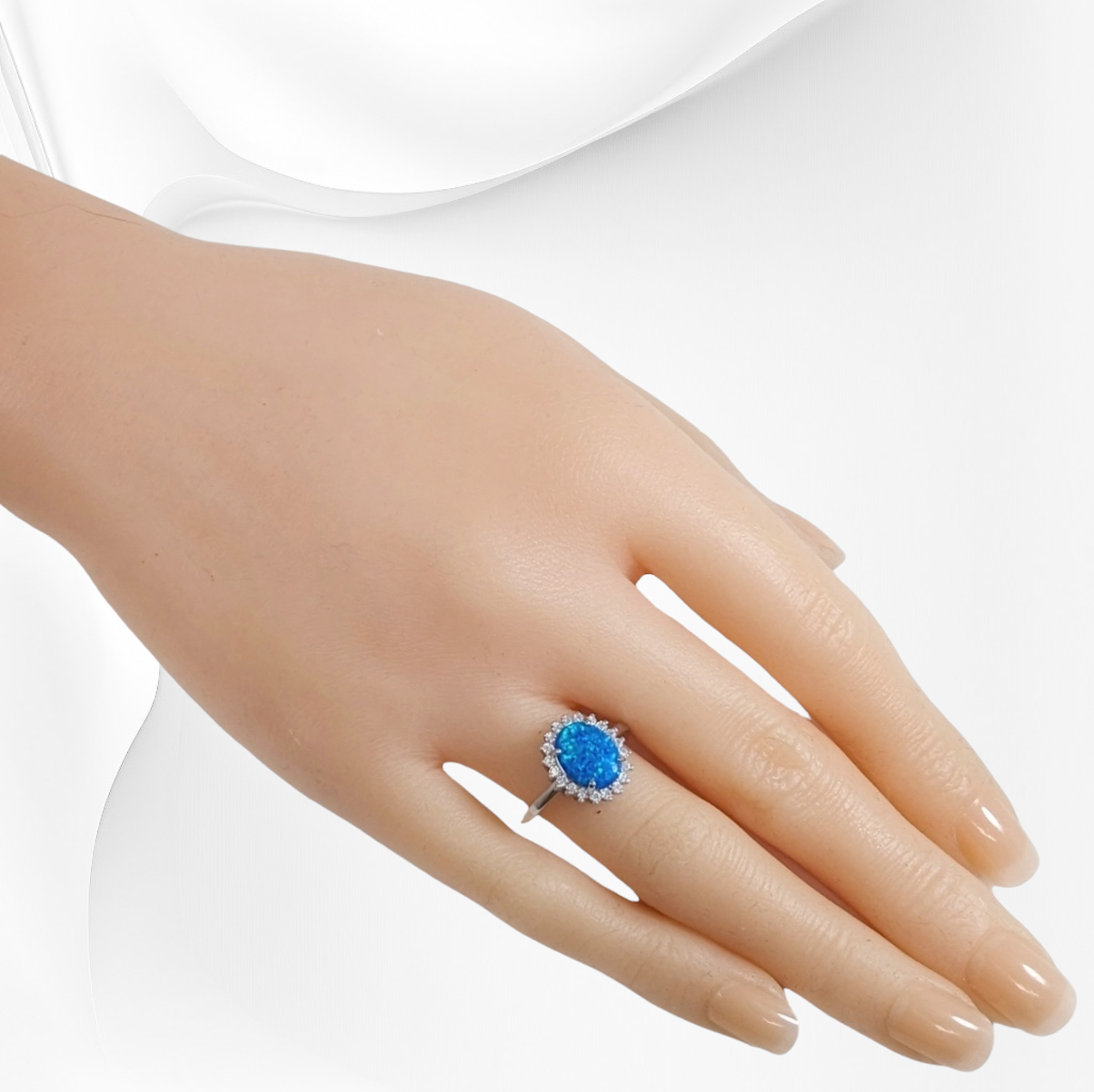 925 Sterling Silver Women's Ring with Authentic Blue Opal and Cubic Zirconia Crystals