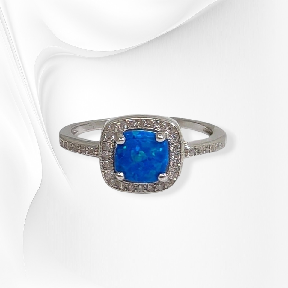925 Sterling Silver Women's Ring with Authentic Blue Opal and Cubic Zirconia Crystals