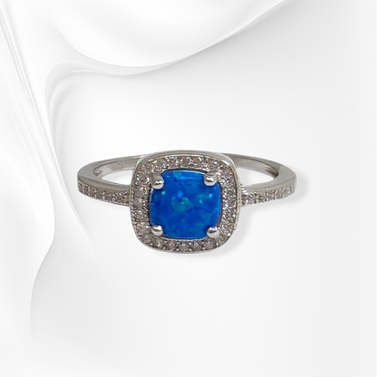 925 Sterling Silver Women's Ring with Authentic Blue Opal and Cubic Zirconia Crystals
